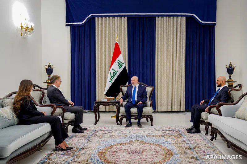 Iraqi President Nizar Amidi receives French Ambassador to Iraq Patrick Durel at Al-Salam Palace in Baghdad, Iraq, on May 14, 2026. Durel congratulated Amidi on assuming office and wished him success in his duties and con...
