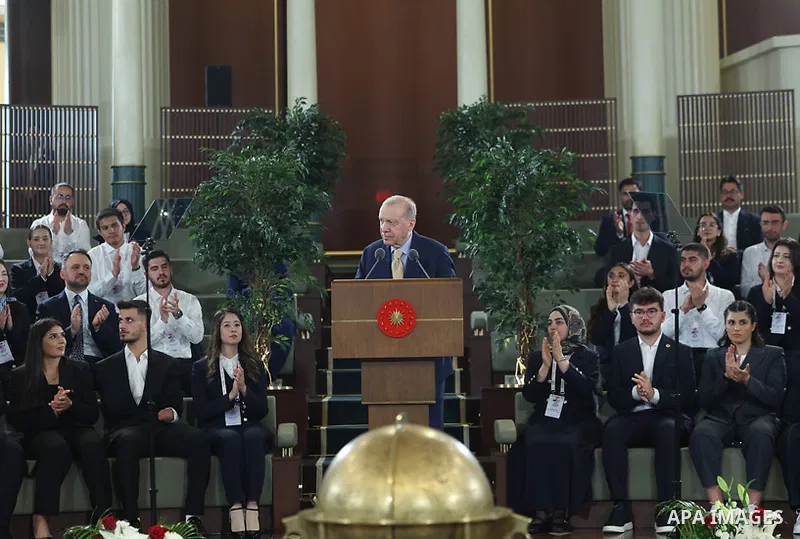Turkish President Recep Tayyip Erdoğan meets with national youth and athletes on the occasion of Youth and Sports Day and the anniversary of Mustafa Kemal Atatürk, at the Nation's Library in Ankara, Turkey, May 19, 2026....