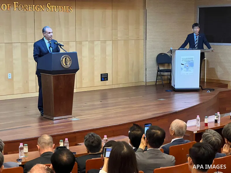 Egyptian Minister of Foreign Affairs, Emigration and Egyptian Expatriates Badr Abdelatty delivers a lecture at Hankuk University of Foreign Studies in Seoul, South Korea, on June 2, 2026. The lecture focused on Egyptian...