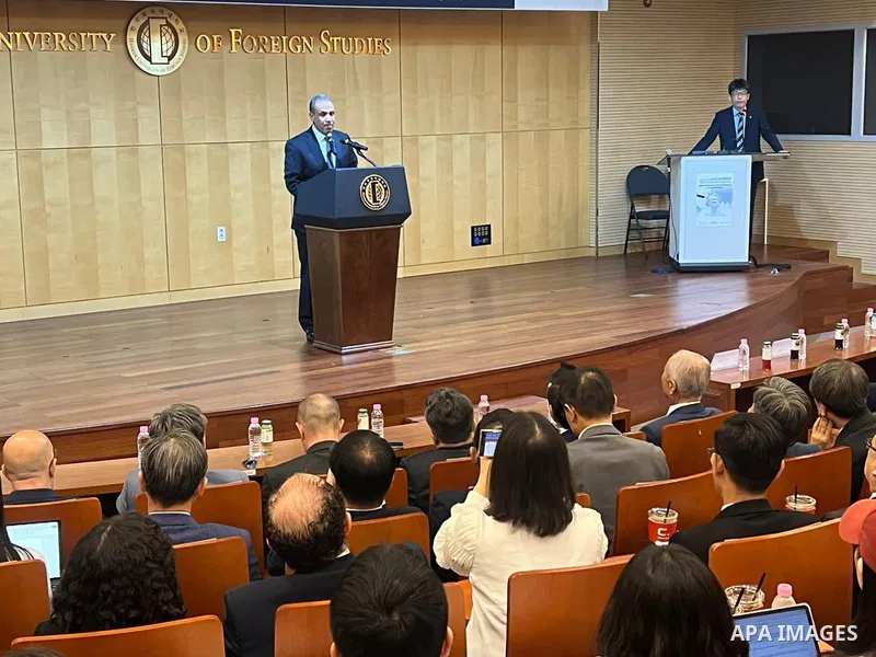 Egyptian Minister of Foreign Affairs, Emigration and Egyptian Expatriates Badr Abdelatty delivers a lecture at Hankuk University of Foreign Studies in Seoul, South Korea, on June 2, 2026. The lecture focused on Egyptian...