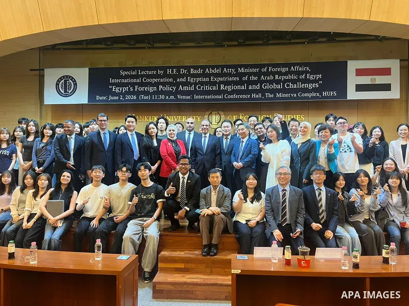 Egyptian Minister of Foreign Affairs, Emigration and Egyptian Expatriates Badr Abdelatty delivers a lecture at Hankuk University of Foreign Studies in Seoul, South Korea, on June 2, 2026. The lecture focused on Egyptian...