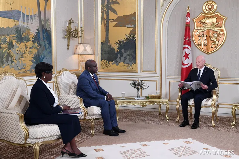 Tunisian President Kais Saied receives Crispin Mbadu Phanzu, Minister Delegate to the Minister of Foreign Affairs in charge of Francophonie and the Congolese diaspora abroad, at Carthage Palace in Tunis, Tunisia, on June...