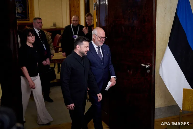 Ukrainian President Volodymyr Zelenskyy during a meeting with several leaders of the Nordic and Baltic states at a summit in Estonia, June 9, 2026, where they discussed continued support for Ukraine and the security chal...
