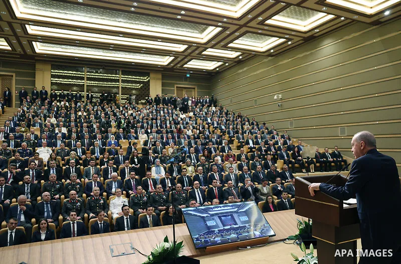 Turkish President Recep Tayyip Erdoğan delivers a speech during the opening ceremony of the National Security Conferences at the Presidential Complex in Ankara, Turkey, June 9, 2026. Photo by Turkish presidency \ apaimag...