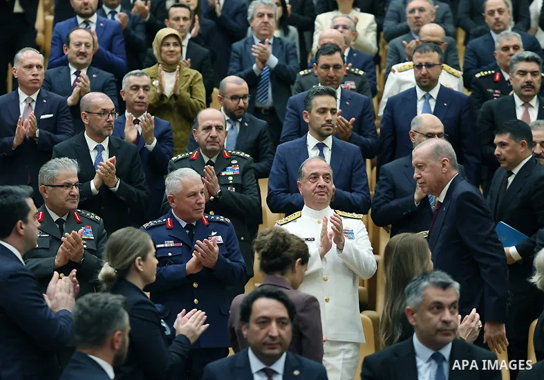 Turkish President Recep Tayyip Erdoğan delivers a speech during the opening ceremony of the National Security Conferences at the Presidential Complex in Ankara, Turkey, June 9, 2026. Photo by Turkish presidency \ apaimag...