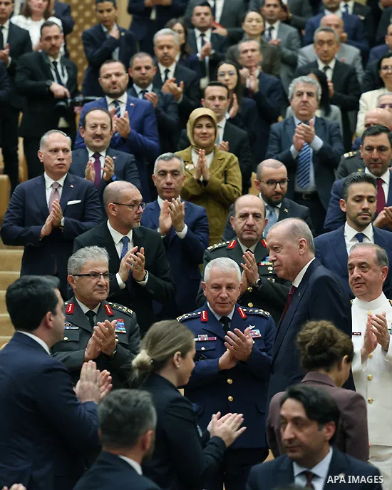 Turkish President Recep Tayyip Erdoğan delivers a speech during the opening ceremony of the National Security Conferences at the Presidential Complex in Ankara, Turkey, June 9, 2026. Photo by Turkish presidency \ apaimag...