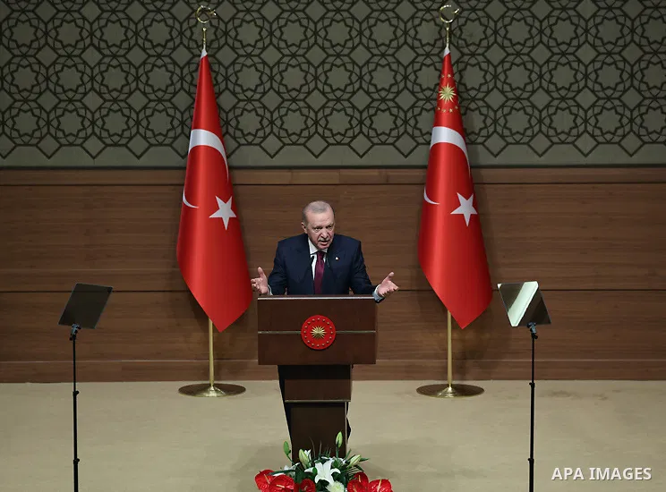 Turkish President Recep Tayyip Erdoğan delivers a speech during the opening ceremony of the National Security Conferences at the Presidential Complex in Ankara, Turkey, June 9, 2026. Photo by Turkish presidency \ apaimag...