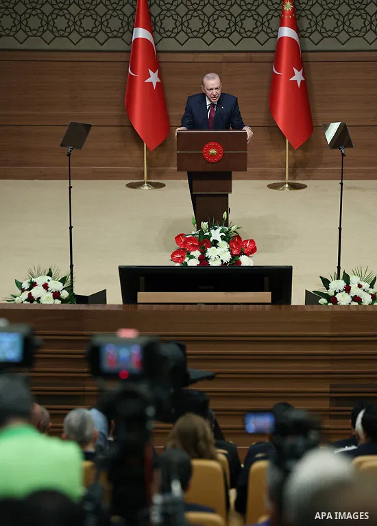 Turkish President Recep Tayyip Erdoğan delivers a speech during the opening ceremony of the National Security Conferences at the Presidential Complex in Ankara, Turkey, June 9, 2026. Photo by Turkish presidency \ apaimag...