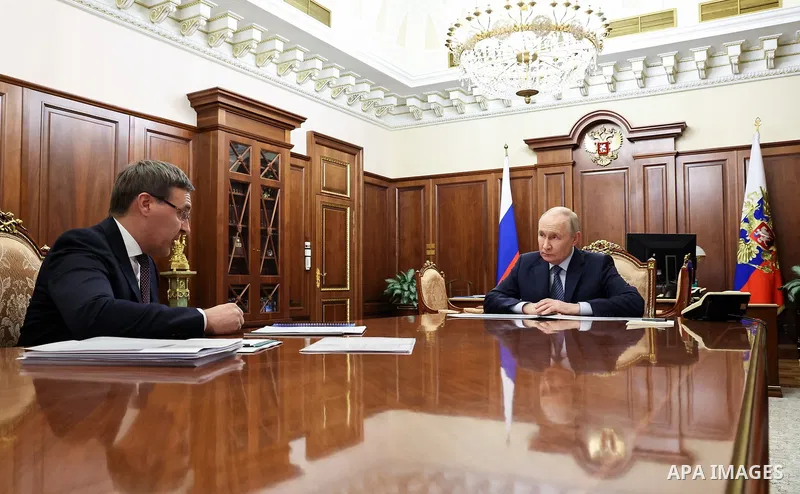 Russian President Vladimir Putin met with Minister of Science and Higher Education Valery Falkov in Moscow, Russia, on June 9, 2026. They discussed the development of research infrastructure in Russia, including the Sibe...