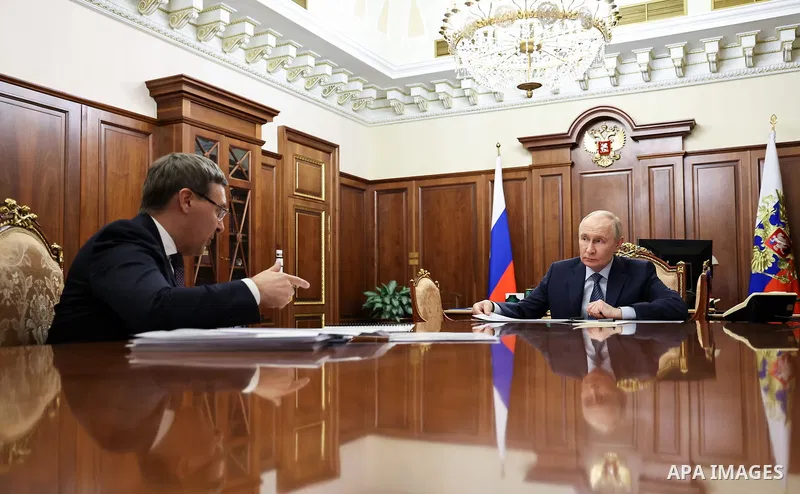 Russian President Vladimir Putin met with Minister of Science and Higher Education Valery Falkov in Moscow, Russia, on June 9, 2026. They discussed the development of research infrastructure in Russia, including the Sibe...