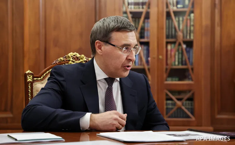 Russian President Vladimir Putin met with Minister of Science and Higher Education Valery Falkov in Moscow, Russia, on June 9, 2026. They discussed the development of research infrastructure in Russia, including the Sibe...