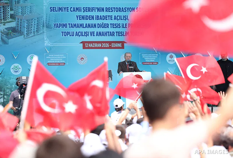 Turkish President Recep Tayyip Erdoğan participates in the opening of several development projects and hands over the keys to housing units in Edirne, Turkey, June 12, 2026. Photo by Turkish presidency \ apaimages