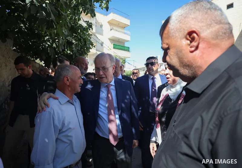 Palestinian Prime Minister Mohammad Mustafa, Ramallah and Al-Bireh Governor Laila Ghannam, and Minister of Education and Higher Education Amjad Barham observe the 2026 high school graduation exams at Abu Falah Girls' Sec...