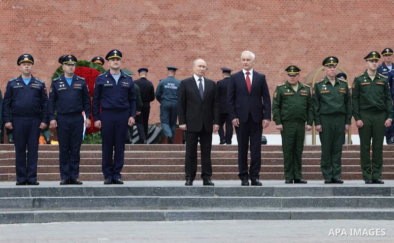 Russian President Vladimir Putin lays a wreath at the Tomb of the Unknown Soldier by the Kremlin Wall in Moscow, Russia, on June 22, 2026, the 85th anniversary of the start of World War II, to honor the memory of soldier...