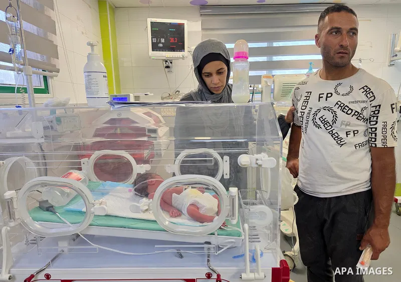 Medical staff care for premature babies in the neonatal intensive care unit at Nasser Medical Complex in Khan Younis, southern Gaza Strip, on June 26, 2026. The unit is operating at 150 percent of its capacity as the num...