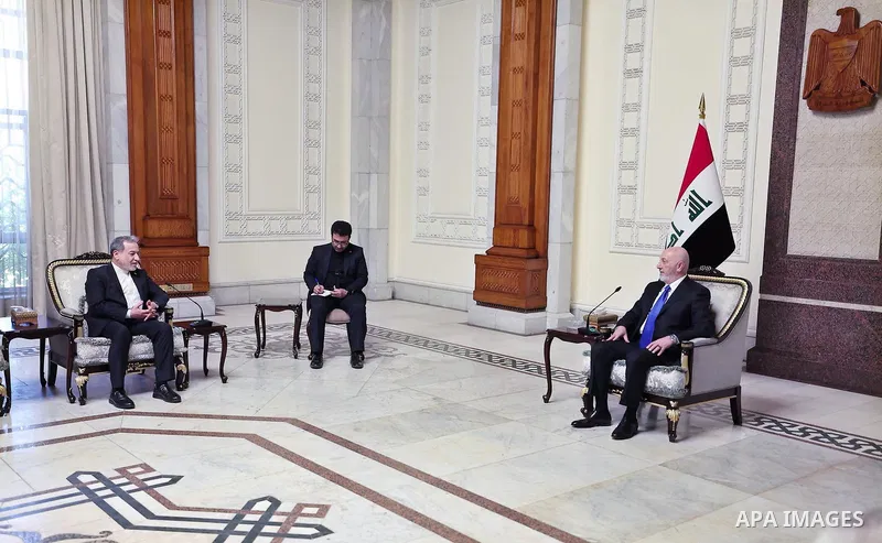 Iraqi President Nizar Mohammed Saeed Amidi receives Iranian Foreign Minister Abbas Araqchi at the Presidential Palace in Baghdad, Iraq, on June 28, 2026. This took place during an official visit in which Araqchi held tal...