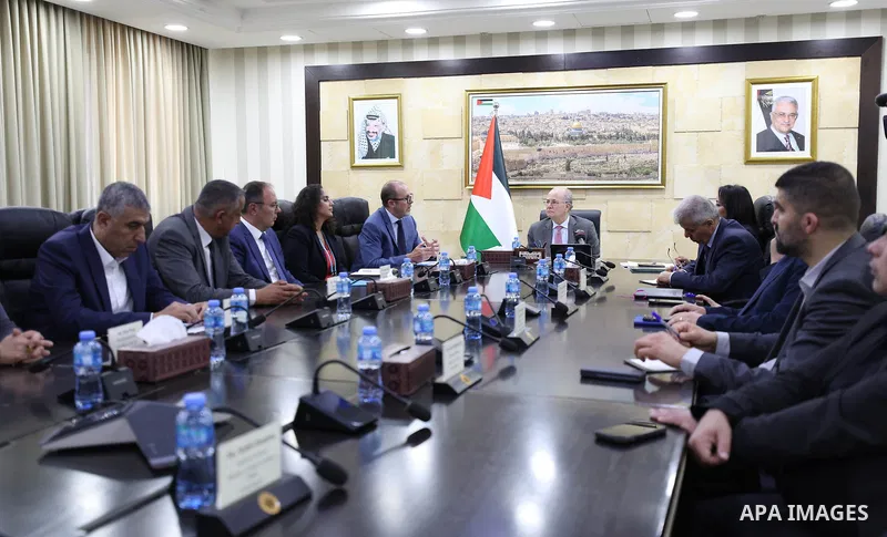 Palestinian Prime Minister Mohammad Mustafa participates in a virtual meeting with children from the Gaza Strip as part of the "Gaza We Want" initiative, supported by UNICEF, in Ramallah, West Bank, on June 29, 2026. Pho...