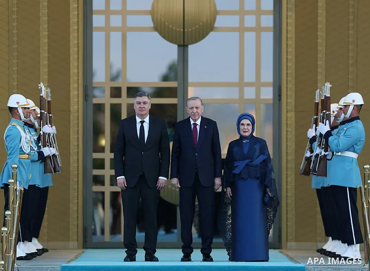 Turkish President Recep Tayyip Erdoğan and First Lady Emine Erdoğan attend an official reception and state dinner at the Presidential Complex in Ankara, Türkiye, on July 7, 2026, in honor of the heads of state and govern...