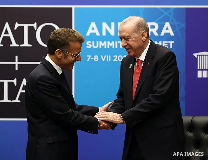Turkish President Recep Tayyip Erdoğan meets French President Emmanuel Macron at the Presidential Complex in Ankara, Türkiye, on July 8, 2026, on the sidelines of the 36th NATO Heads of State and Government Summit. Photo...