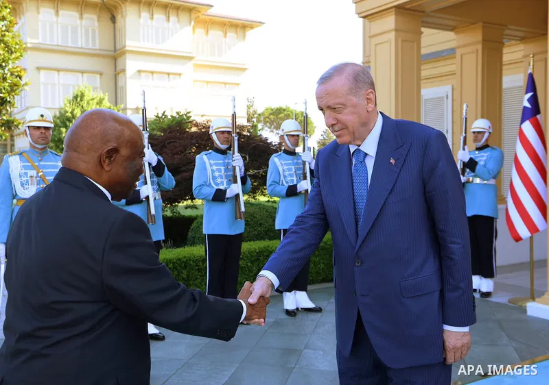 Turkish President Recep Tayyip Erdogan welcomes Liberian President Joseph Nyuma Boakai during an official reception ceremony at Vahdettin Mansion in Istanbul, Turkey, on July 10, 2026, during Boakai's official visit to t...
