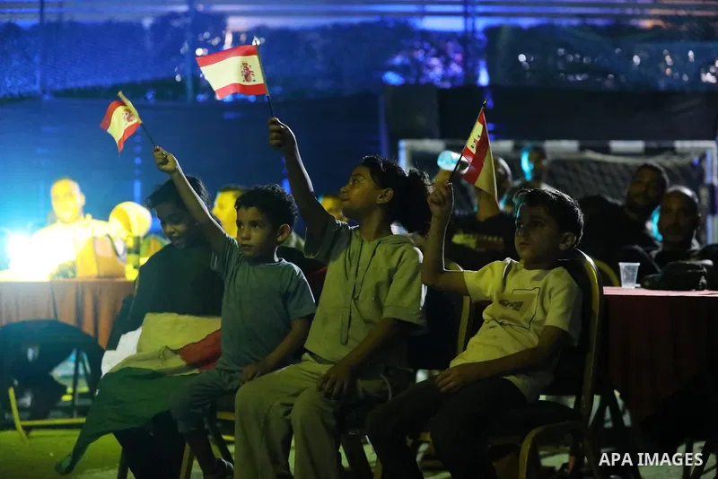 Displaced Palestinians gather to watch the FIFA World Cup 2026 final between Argentina and Spain in Gaza City, on July 20, 2026. Photo by Belal Osama \ apaimages