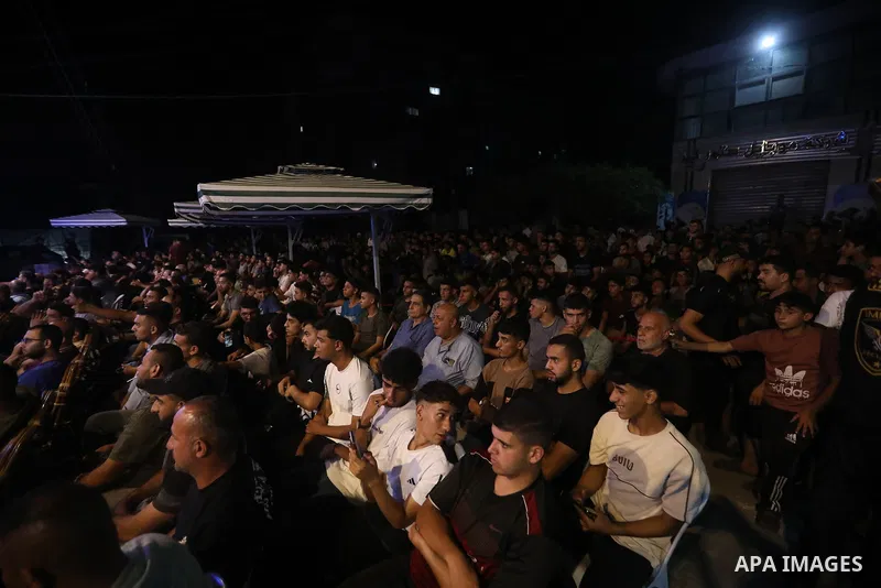 Displaced Palestinians gather to watch the FIFA World Cup 2026 final between Argentina and Spain in Gaza City, on July 20, 2026. Photo by Belal Osama \ apaimages