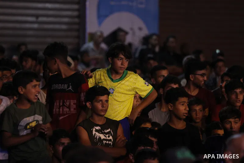 Displaced Palestinians gather to watch the FIFA World Cup 2026 final between Argentina and Spain in Gaza City, on July 20, 2026. Photo by Belal Osama \ apaimages