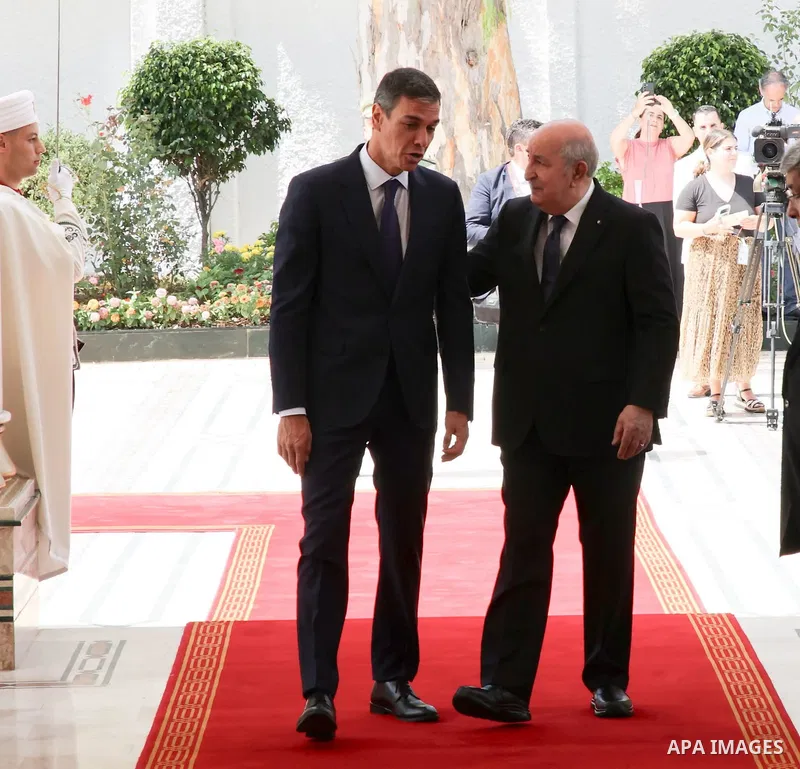 Algerian President Abdelmadjid Tebboune receives Spanish Prime Minister Pedro Sánchez at El Mouradia Palace in Algiers, Algeria, on July 20, 2026. Sánchez is on an official visit to Algeria to hold talks with Algerian of...
