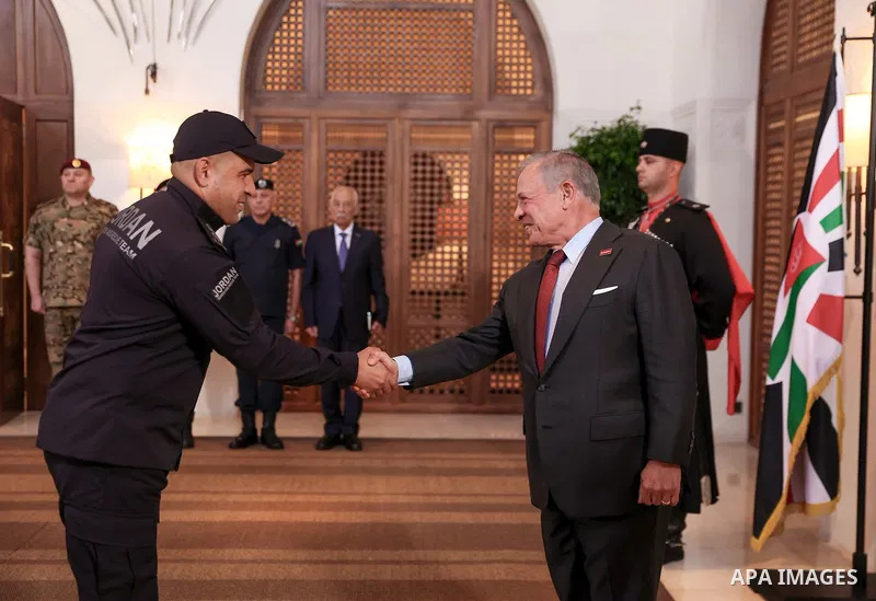 Jordan’s King Abdullah II meets members of the Jordan International Search and Rescue Team of the Public Security Directorate and Civil Defense following their return from a humanitarian mission in Venezuela after two ea...