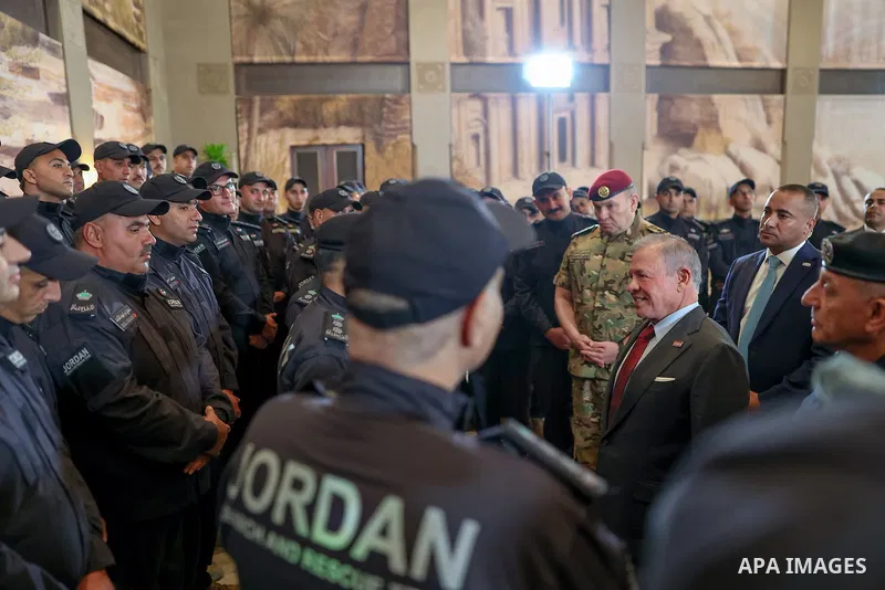 Jordan’s King Abdullah II meets members of the Jordan International Search and Rescue Team of the Public Security Directorate and Civil Defense following their return from a humanitarian mission in Venezuela after two ea...