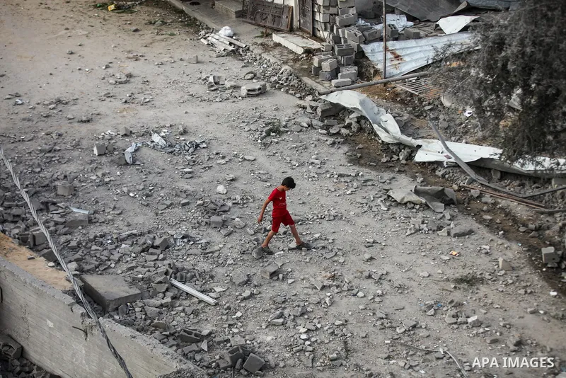 Palestinians inspect damage at Al-Noor Mosque following an attack in al-Bureij refugee camp, central Gaza Strip, on July 24, 2026. The damage comes despite an ongoing ceasefire, as places of worship and civilian faciliti...