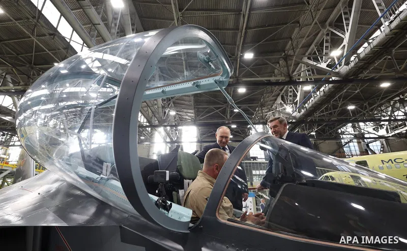 Russian President Vladimir Putin visits the Irkutsk Aviation Plant, operated by Yakovlev and part of the United Aircraft Corporation (UAC) under the Rostec State Corporation, during a visit to Irkutsk, Russia, on July 24...