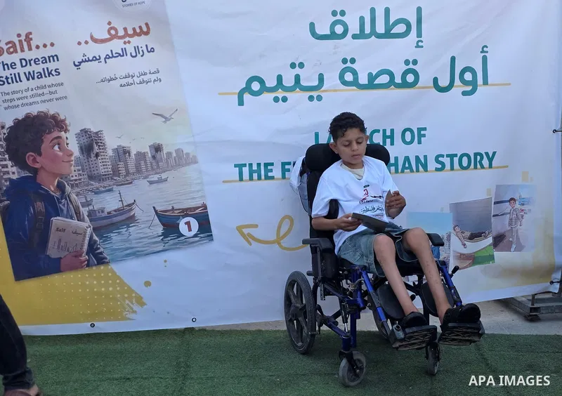 Palestinian children take part in a marathon among the rubble of the al-Amal neighborhood in Khan Younis, southern Gaza Strip, on July 31, 2026. The event coincides with the launch of the neighborhood's first initiative...