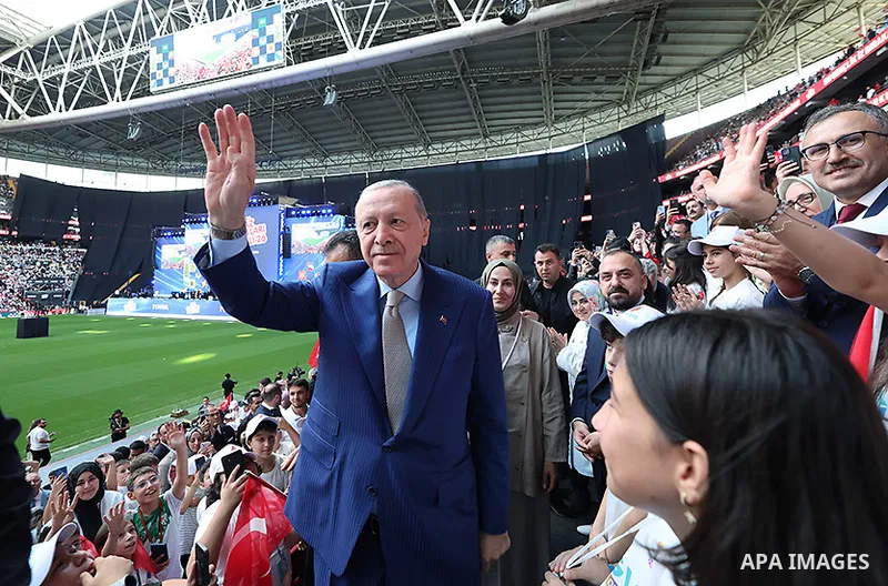Turkish President Recep Tayyip Erdogan attends the closing program of the Turkish Youth Foundation (TÜGVA) Summer Schools at the Ali Sami Yen Sports Complex (RAMS Park) in Istanbul, Turkey, on August 1, 2026. Photo by Tu...