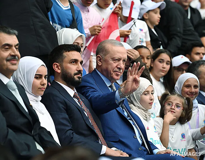 Turkish President Recep Tayyip Erdogan attends the closing program of the Turkish Youth Foundation (TÜGVA) Summer Schools at the Ali Sami Yen Sports Complex (RAMS Park) in Istanbul, Turkey, on August 1, 2026. Photo by Tu...