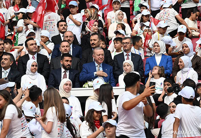 Turkish President Recep Tayyip Erdogan attends the closing program of the Turkish Youth Foundation (TÜGVA) Summer Schools at the Ali Sami Yen Sports Complex (RAMS Park) in Istanbul, Turkey, on August 1, 2026. Photo by Tu...