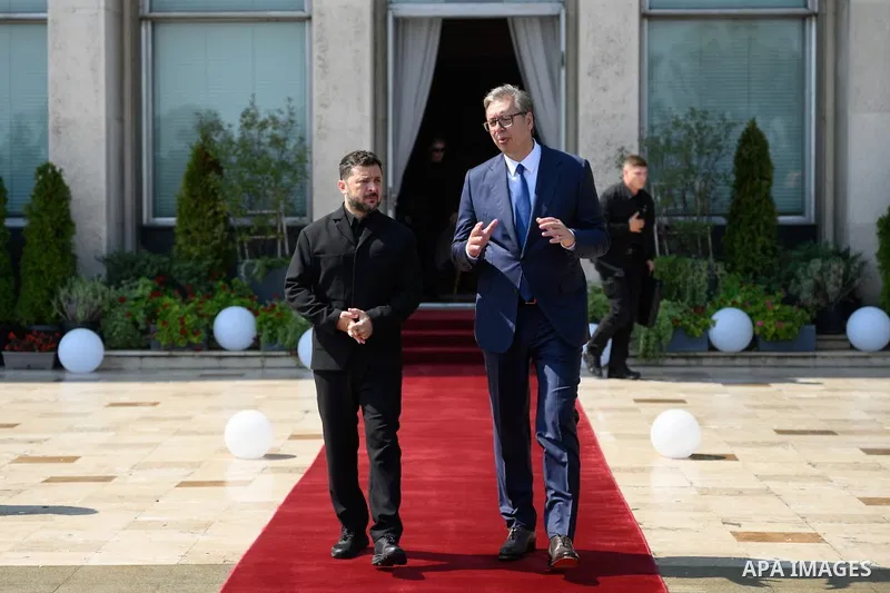 Ukrainian President Volodymyr Zelensky meets Serbian President Aleksandar Vucic and other officials during an official visit to Belgrade, Serbia, on August 8, 2026. The visit, Zelensky's first to Serbia, comes as the two...