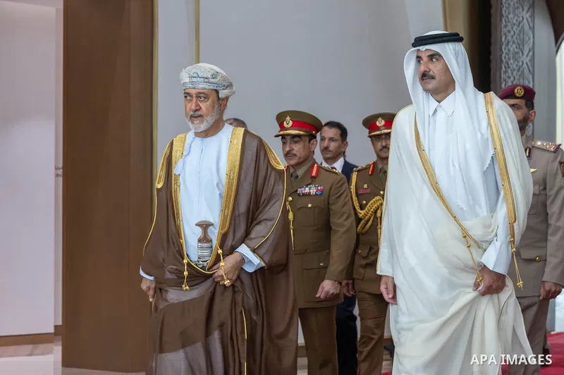 Qatar's Emir Sheikh Tamim bin Hamad Al Thani meets Oman's Sultan Haitham bin Tariq during a session at the Amiri Diwan in Doha, Qatar, on August 9, 2026. The two leaders discussed relations between their countries and wa...