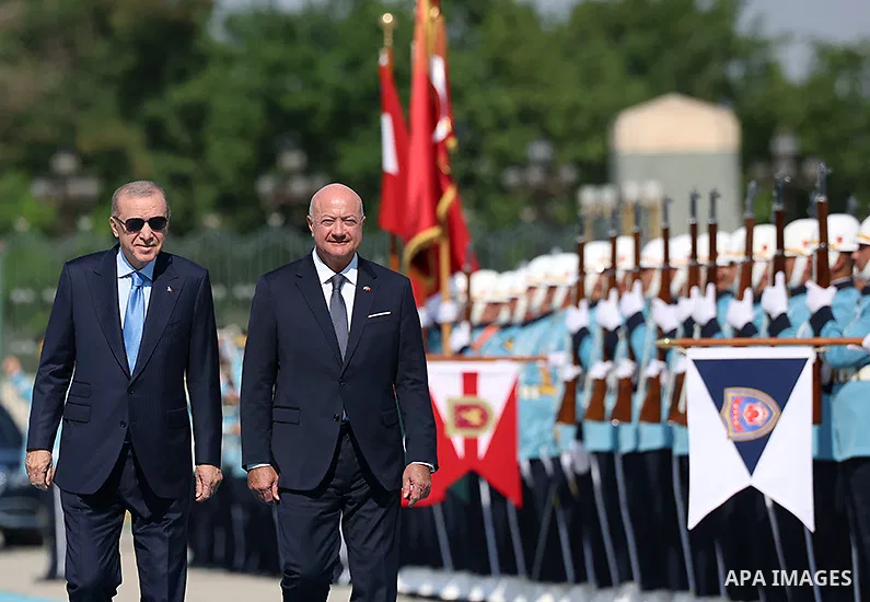 Turkish President Recep Tayyip Erdogan receives Austrian Chancellor Christian Stocker at the Presidential Complex in Ankara, Turkey, during an official visit, on August 10, 2026. Photo by Turkish presidency \ apaimages