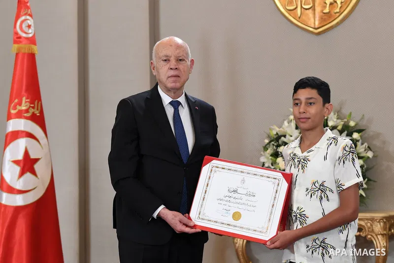 Tunisian President Kais Saied presides over a ceremony marking Knowledge Day at Carthage Palace in Tunis, Tunisia, on August 17, 2026, where several outstanding students and figures from the education and scientific rese...