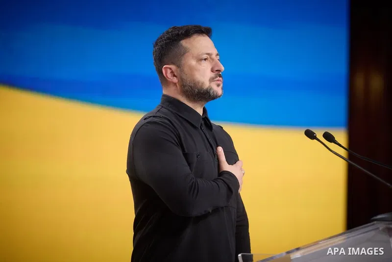 Ukrainian President Volodymyr Zelensky attends the Ninth International Veterans Forum in Kyiv, Ukraine, on August 22, 2026. Officials and veterans’ representatives gather at the forum to discuss issues affecting veterans...