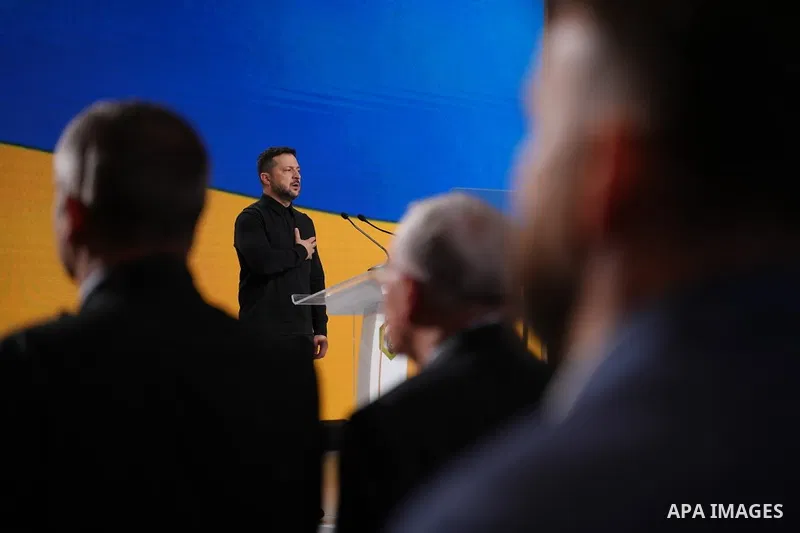 Ukrainian President Volodymyr Zelensky attends the Ninth International Veterans Forum in Kyiv, Ukraine, on August 22, 2026. Officials and veterans’ representatives gather at the forum to discuss issues affecting veterans...