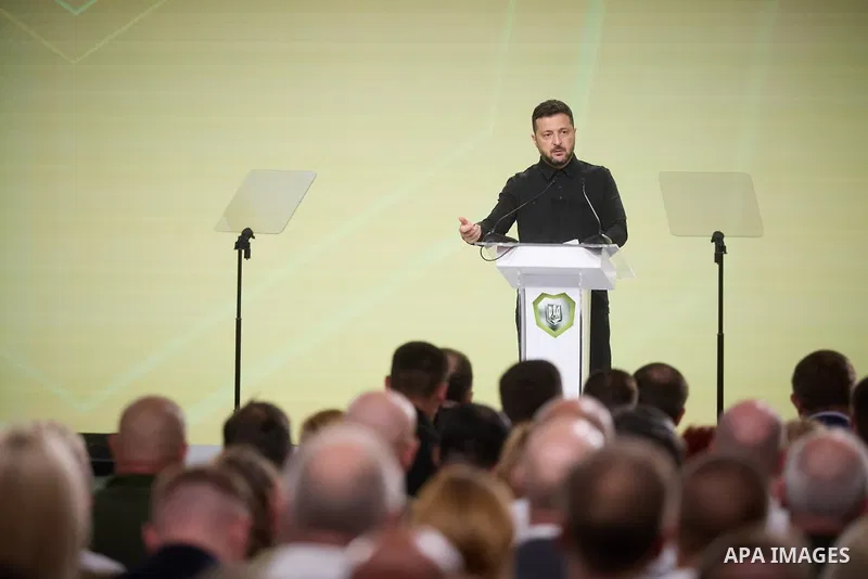 Ukrainian President Volodymyr Zelensky attends the Ninth International Veterans Forum in Kyiv, Ukraine, on August 22, 2026. Officials and veterans’ representatives gather at the forum to discuss issues affecting veterans...