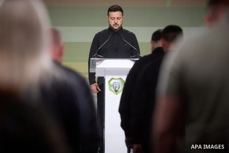 Ukrainian President Volodymyr Zelensky attends the Ninth International Veterans Forum in Kyiv, Ukraine, on August 22, 2026. Officials and veterans’ representatives gather at the forum to discuss issues affecting veterans...