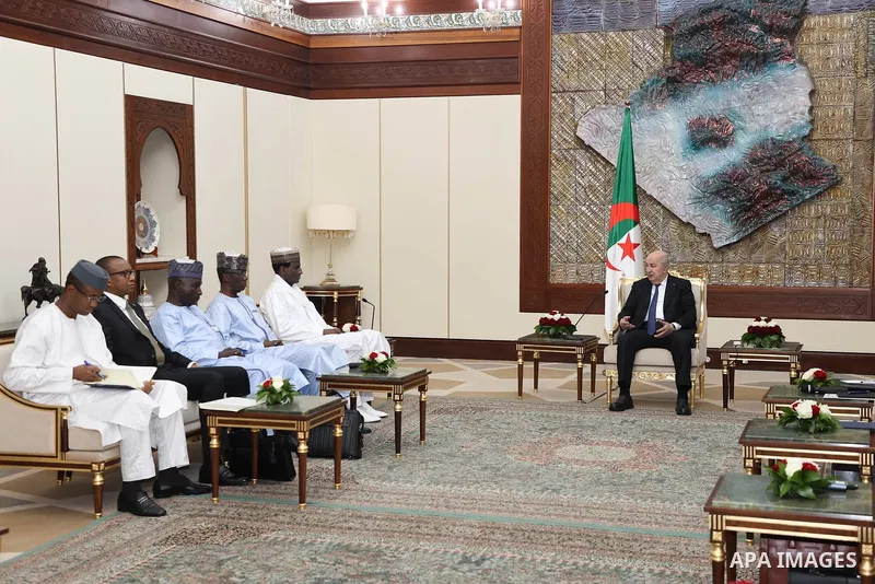 Algerian President Abdelmadjid Tebboune receives Nigerien Prime Minister Ali Mahaman Lamine Zeine and his accompanying delegation in Algiers, Algeria, on August 27, 2026. Photo by Algerian Presidency Office\ apaimages