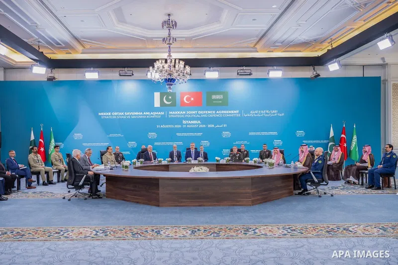 Saudi Defense Minister Prince Khalid bin Salman bin Abdulaziz attends the first meeting of the Strategic Political and Defense Committee with Turkish Foreign Minister Hakan Fidan and Defense Minister Yasar Guler in Istan...