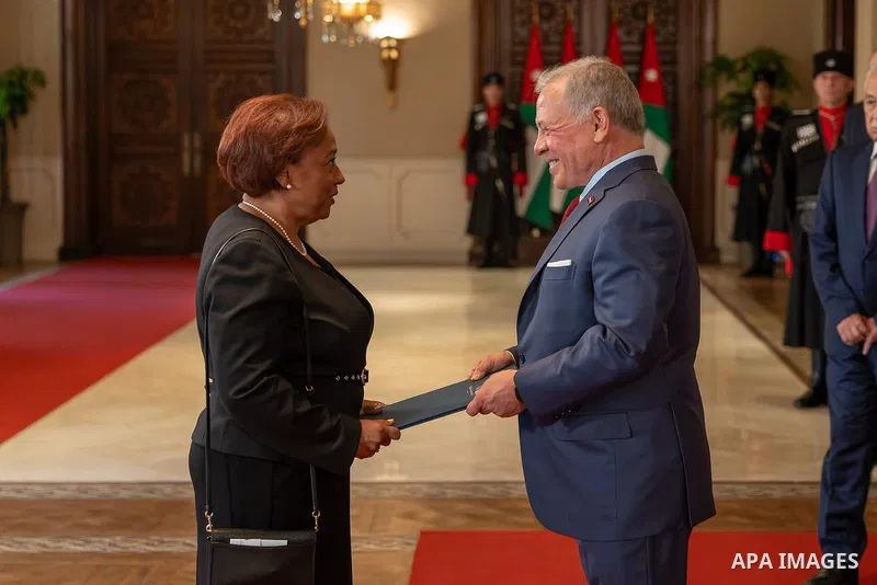 Jordan’s King Abdullah II receives the credentials of the newly appointed ambassadors of the United Arab Emirates, Algeria, Somalia, Ireland, Norway, Belgium, Italy, the Dominican Republic and Burundi to Jordan during a...