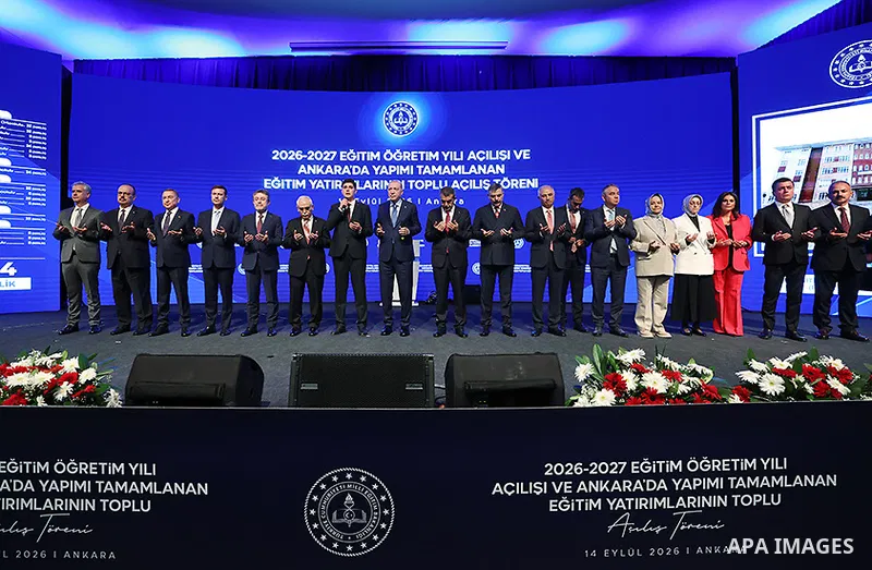 Turkish President Recep Tayyip Erdogan attends a ceremony marking the opening of the 2026-2027 academic year and the inauguration of several educational projects at Gazi Anatolian High School in Ankara, Turkey, on Septem...