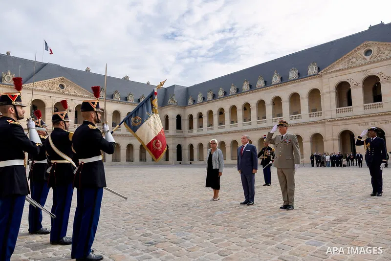 Jordan’s King Abdullah II meets French President Emmanuel Macron at Les Invalides in Paris, France, on September 17, 2026. The two leaders held talks on bilateral relations and witnessed the signing of a defense cooperat...