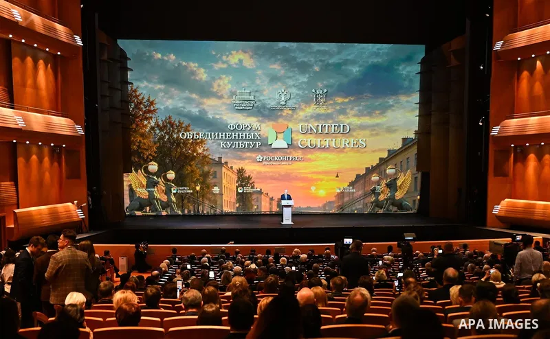Russian President Vladimir Putin delivers a speech during the 12th St. Petersburg International Forum of United Cultures in St. Petersburg, Russia, on September 25, 2026. The forum, held from September 24 to 26, brings t...
